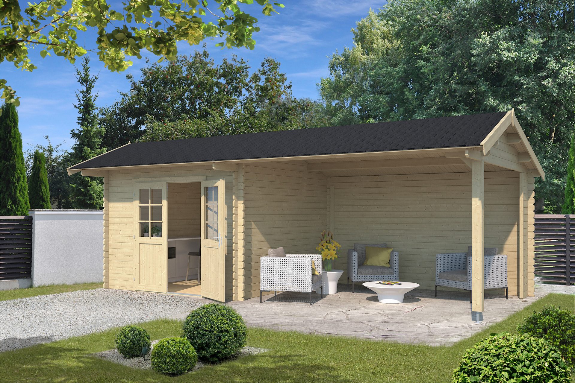 Blokhut met overkapping Maribel 680x300 onbehandeld Vuren