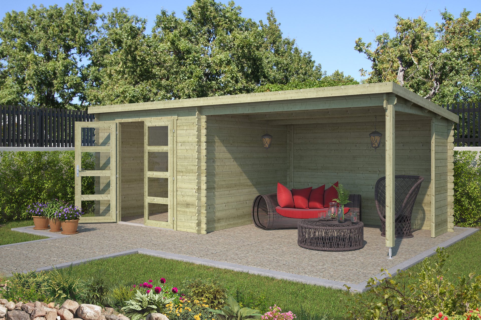 Blokhut met overkapping Manuel 600x275 Onbehandeld vuren