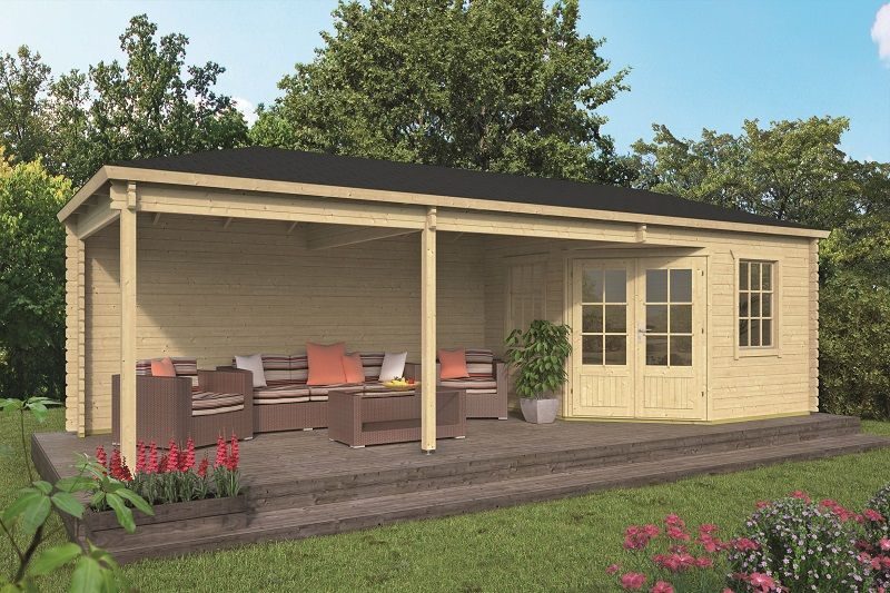Tuinhuis-Blokhut Bertil met overkapping: 300+490x300cm