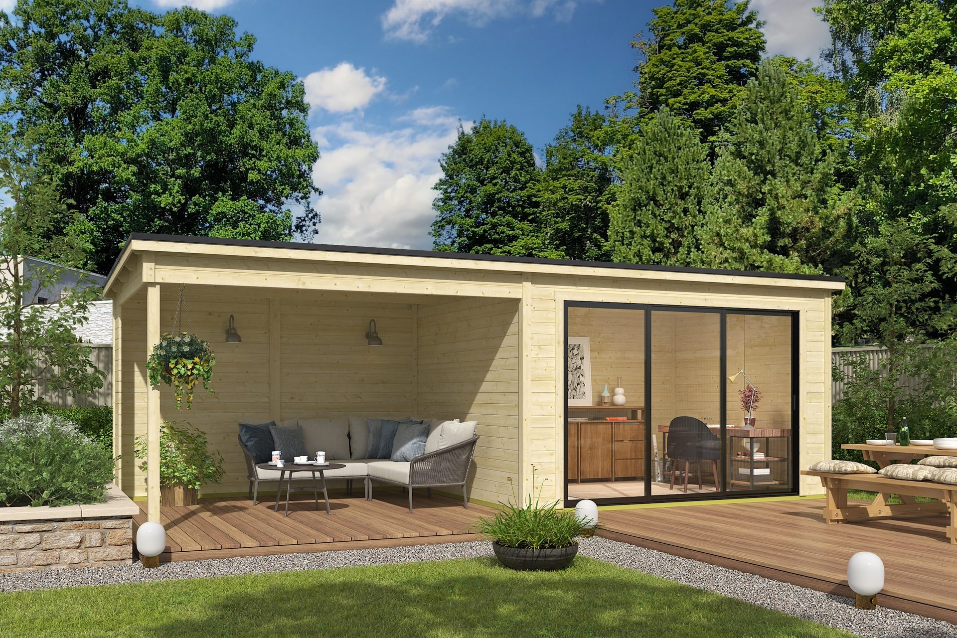 Blokhut met overkapping Pernilla 385x295 + Aanbouw onbehandeld vuren
