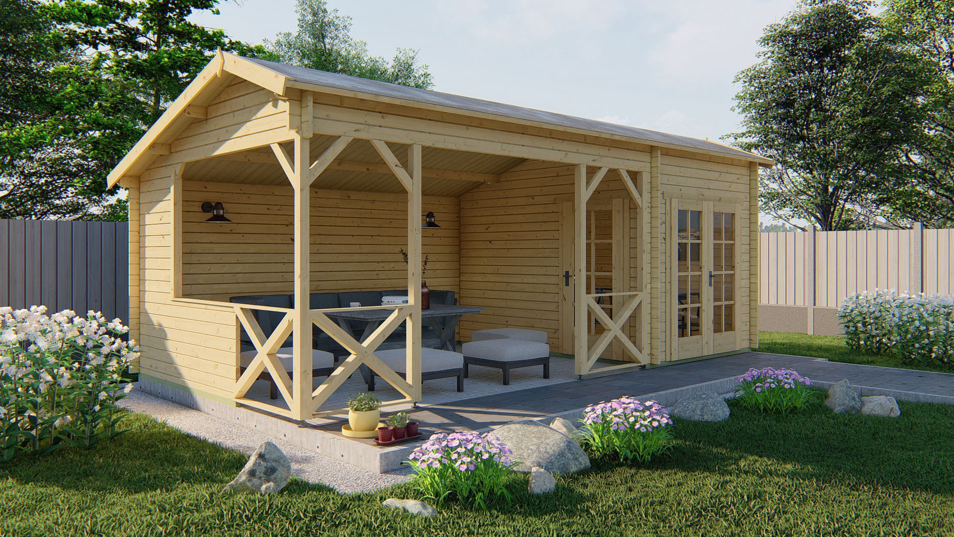 Tuinhuis-Blokhut Kukka met overkapping: 700 x 350 x 279(h) cm