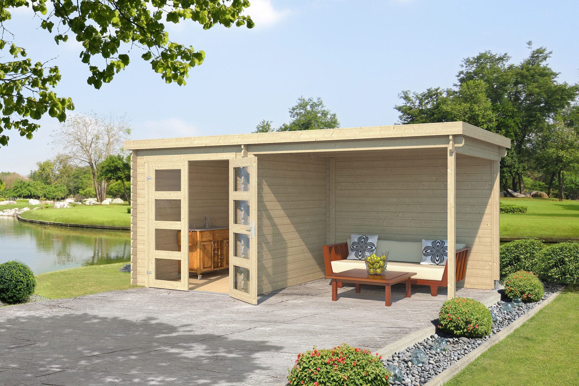 Blokhut met overkapping Helena 472x230 Onbehandeld vuren