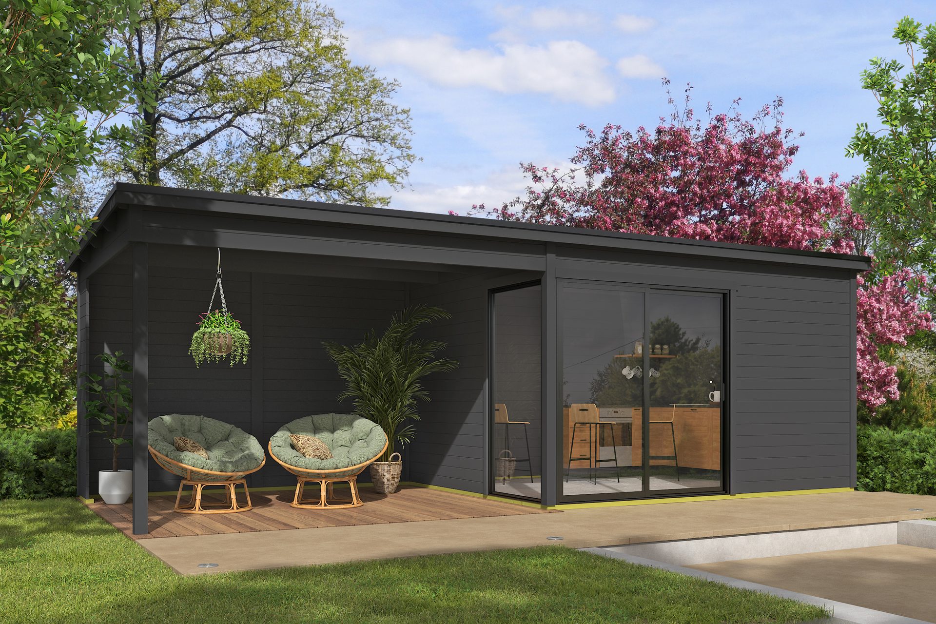 Blokhut met overkapping Olivia 385x295 + Aanbouw onbehandeld vuren