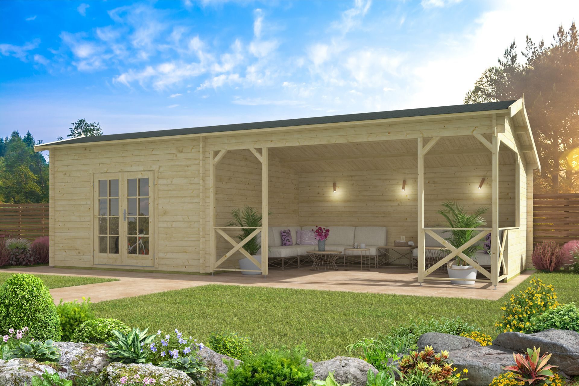 Tuinhuis-Blokhut Mokka met overkapping: 900 x 400 x 279(h) cm
