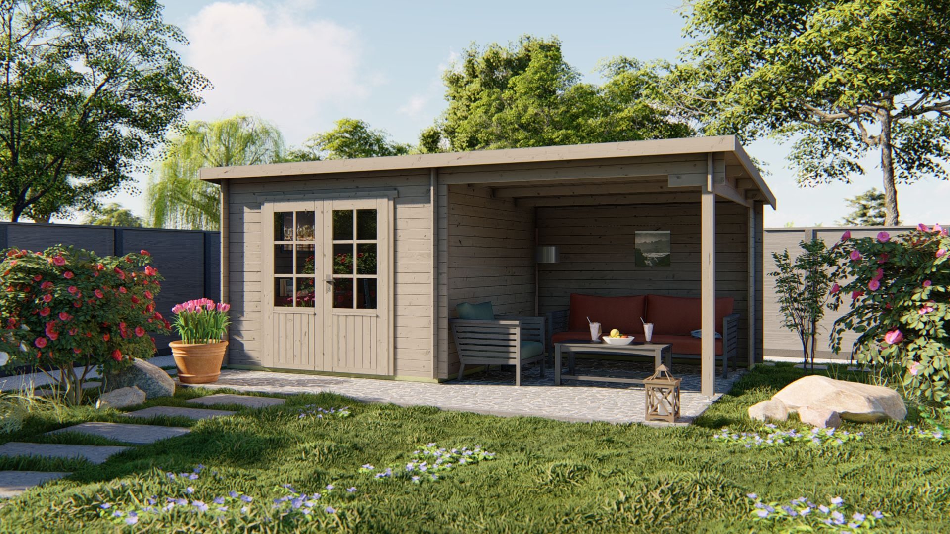 Tuinhuisje met zithoek Blokhut - Tuinhuis Chappo | 28 mm | vuren onbehandeld