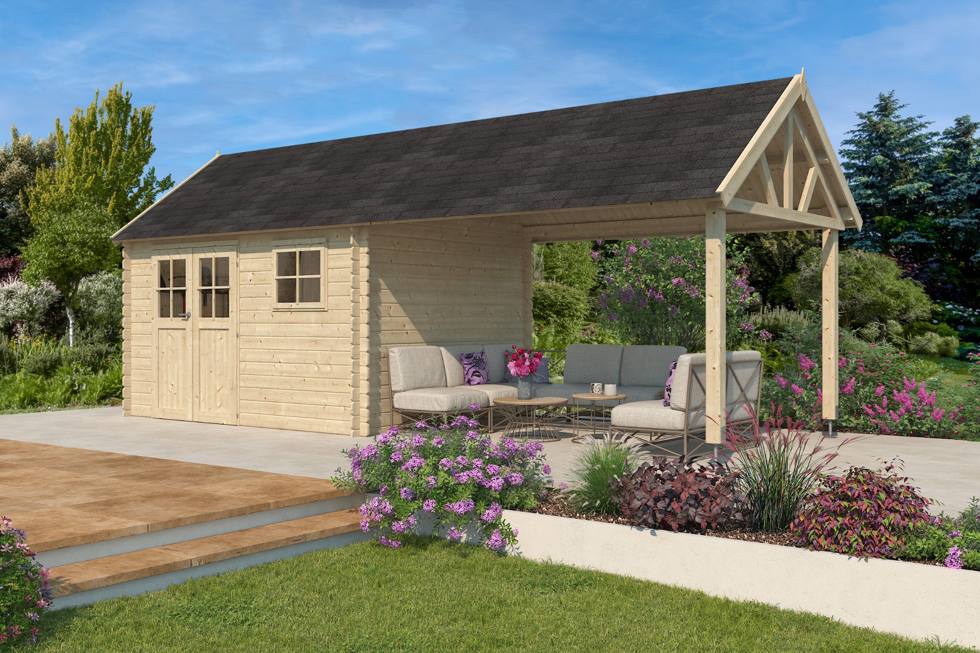 Tuinhuis 3602EXT met overkapping.